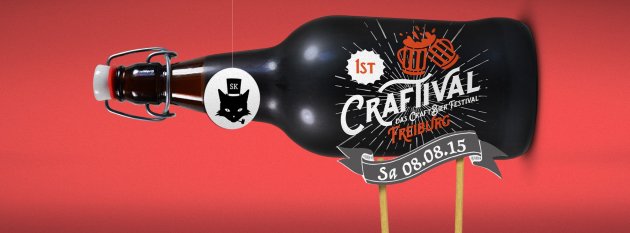 Erstes Craftival, Das Craft- und Bier Festival in Freiburg, Schmitz Katze Logo, Bierflasch, roter HIntergrund, Ploppverschluss