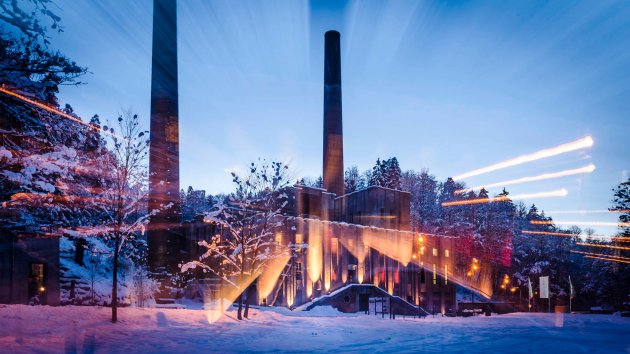 Kraftwerk Rottweil, Schornsteine, Chimney, Powerplant Rottweil, snow, Winter, Light